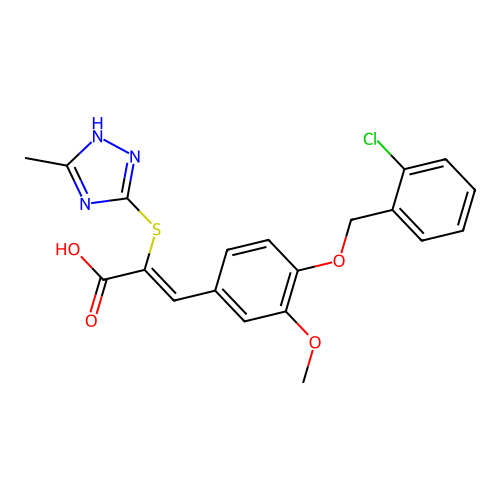 3-[4-[(2-Chlorophenyl)methoxy]-3-methoxyphenyl]-2-[(3-methyl-1H-1,2,4-triazol-5-yl)thio]-2-propenoic acid structure
