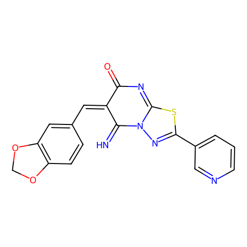 (6E)-6-(1,3-benzodioxol-5-ylmethylidene)-5-imino-2-(pyridin-3-yl)-5,6-dihydro-7H-[1,3,4]thiadiazolo[3,2-a]pyrimidin-7-one structure
