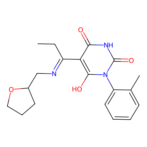 1-(2-methylphenyl)-5-[1-(oxolan-2-ylmethylamino)propylidene]-1,3-diazinane-2,4,6-trione structure