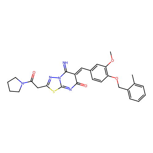 (6Z)-5-imino-6-[[3-methoxy-4-[(2-methylphenyl)methoxy]phenyl]methylidene]-2-(2-oxo-2-pyrrolidin-1-ylethyl)-[1,3,4]thiadiazolo[3,2-a]pyrimidin-7-one structure