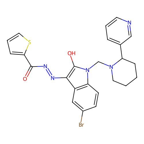 (Z)-N'-(5-bromo-2-oxo-1-((2-(pyridin-3-yl)piperidin-1-yl)methyl)indolin-3-ylidene)thiophene-2-carbohydrazide structure