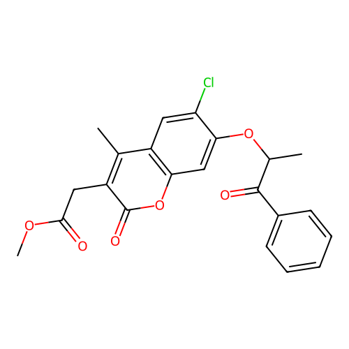 methyl 2-[6-chloro-4-methyl-2-oxo-7-(1-oxo-1-phenylpropan-2-yl)oxychromen-3-yl]acetate structure