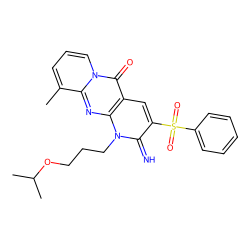 2-imino-1-(3-isopropoxypropyl)-10-methyl-3-(phenylsulfonyl)-1,2-dihydro-5H-dipyrido[1,2-a:2,3-d]pyrimidin-5-one structure