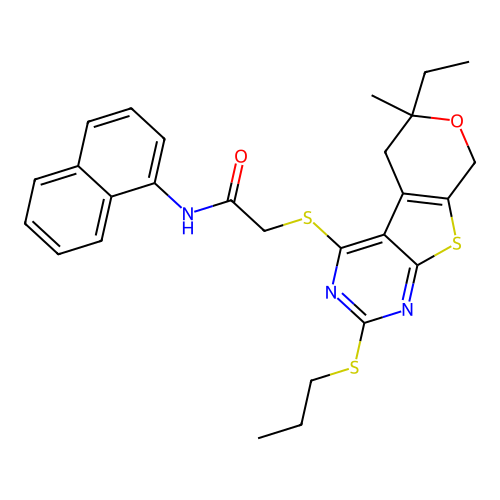 2-((6-ethyl-6-methyl-2-(propylthio)-6,8-dihydro-5H-pyrano[4',3':4,5]thieno[2,3-d]pyrimidin-4-yl)thio)-N-(naphthalen-1-yl)acetamide structure