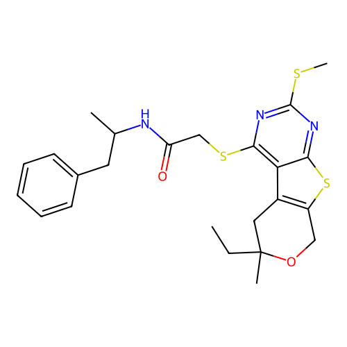 2-((6-ethyl-6-methyl-2-(methylthio)-6,8-dihydro-5H-pyrano[4',3':4,5]thieno[2,3-d]pyrimidin-4-yl)thio)-N-(1-phenylpropan-2-yl)acetamide structure