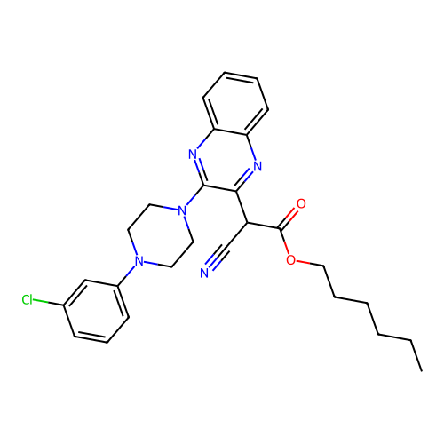 Hexyl {3-[4-(3-chlorophenyl)piperazin-1-yl]quinoxalin-2-yl}(cyano)acetate structure