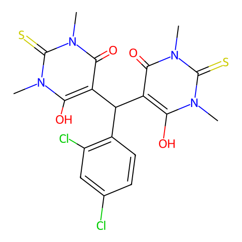 5,5'-((2,4-dichlorophenyl)methylene)bis(6-hydroxy-1,3-dimethyl-2-thioxo-2,3-dihydropyrimidin-4(1H)-one) structure