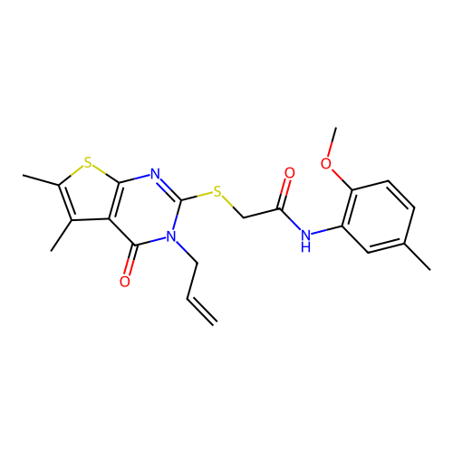 2-{[5,6-dimethyl-4-oxo-3-(prop-2-en-1-yl)-3,4-dihydrothieno[2,3-d]pyrimidin-2-yl]sulfanyl}-N-(2-methoxy-5-methylphenyl)acetamide structure