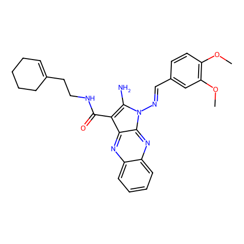 (E)-2-amino-N-(2-(cyclohex-1-en-1-yl)ethyl)-1-((3,4-dimethoxybenzylidene)amino)-1H-pyrrolo[2,3-b]quinoxaline-3-carboxamide structure
