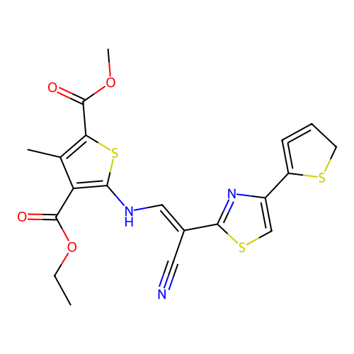 4-ethyl 2-methyl 5-{[(1E)-2-cyano-2-[4-(2H-thiophen-5-yl)-1,3-thiazol-2-yl]eth-1-en-1-yl]amino}-3-methylthiophene-2,4-dicarboxylate structure