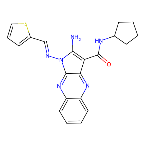 (E)-2-amino-N-cyclopentyl-1-((thiophen-2-ylmethylene)amino)-1H-pyrrolo[2,3-b]quinoxaline-3-carboxamide structure