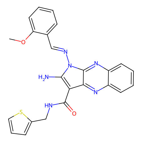 (E)-2-amino-1-((2-methoxybenzylidene)amino)-N-(thiophen-2-ylmethyl)-1H-pyrrolo[2,3-b]quinoxaline-3-carboxamide structure