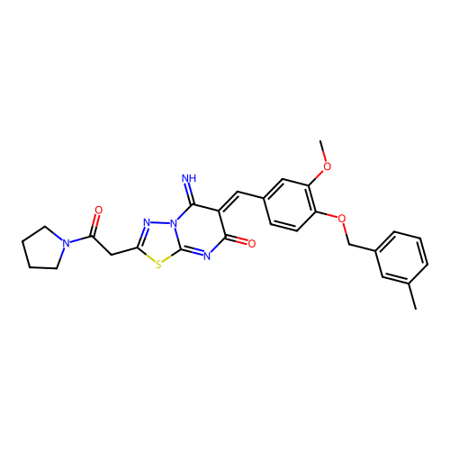 (6Z)-5-imino-6-[[3-methoxy-4-[(3-methylphenyl)methoxy]phenyl]methylidene]-2-(2-oxo-2-pyrrolidin-1-ylethyl)-[1,3,4]thiadiazolo[3,2-a]pyrimidin-7-one structure