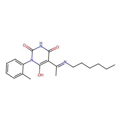 (E)-5-(1-(hexylamino)ethylidene)-1-(o-tolyl)pyrimidine-2,4,6(1H,3H,5H)-trione structure