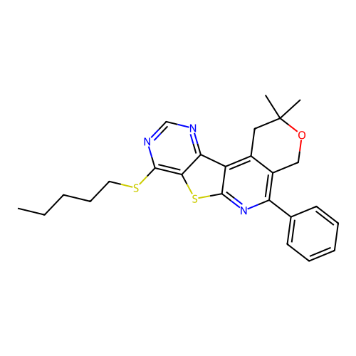 2,2-dimethyl-8-(pentylsulfanyl)-5-phenyl-1,4-dihydro-2H-pyrano[4'',3'':4',5']pyrido[3',2':4,5]thieno[3,2-d]pyrimidine structure