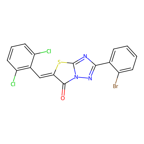 (5Z)-2-(2-bromophenyl)-5-(2,6-dichlorobenzylidene)[1,3]thiazolo[3,2-b][1,2,4]triazol-6(5H)-one structure