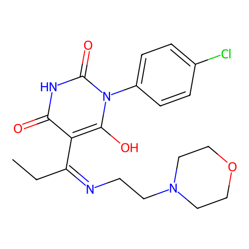 1-(4-chlorophenyl)-5-[1-(2-morpholin-4-ylethylamino)propylidene]-1,3-diazinane-2,4,6-trione structure