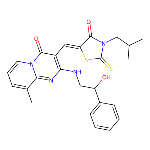 2-[(2-hydroxy-2-phenylethyl)amino]-9-methyl-3-{(Z)-[3-(2-methylpropyl)-4-oxo-2-thioxo-1,3-thiazolidin-5-ylidene]methyl}-4H-pyrido[1,2-a]pyrimidin-4-one structure