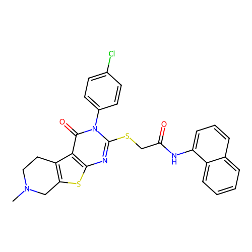 2-((3-(4-chlorophenyl)-7-methyl-4-oxo-3,4,5,6,7,8-hexahydropyrido[4',3':4,5]thieno[2,3-d]pyrimidin-2-yl)thio)-N-(naphthalen-1-yl)acetamide structure