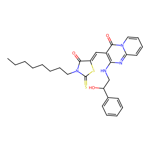 (5Z)-5-[[2-[(2-hydroxy-2-phenylethyl)amino]-4-oxopyrido[1,2-a]pyrimidin-3-yl]methylidene]-3-octyl-2-sulfanylidene-1,3-thiazolidin-4-one structure