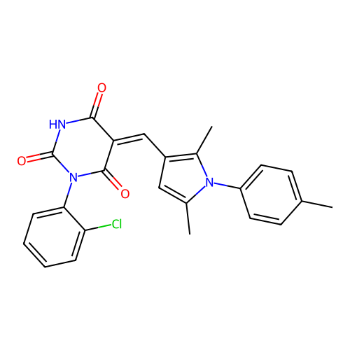 (5Z)-1-(2-chlorophenyl)-5-[[2,5-dimethyl-1-(4-methylphenyl)pyrrol-3-yl]methylidene]-1,3-diazinane-2,4,6-trione structure