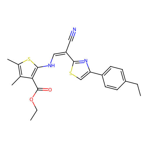 (Z)-ethyl 2-((2-cyano-2-(4-(4-ethylphenyl)thiazol-2-yl)vinyl)amino)-4,5-dimethylthiophene-3-carboxylate structure