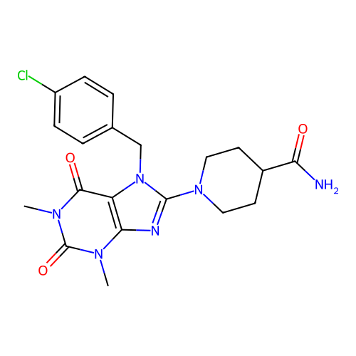 1-[7-(4-chlorobenzyl)-1,3-dimethyl-2,6-dioxo-2,3,6,7-tetrahydro-1H-purin-8-yl]piperidine-4-carboxamide structure