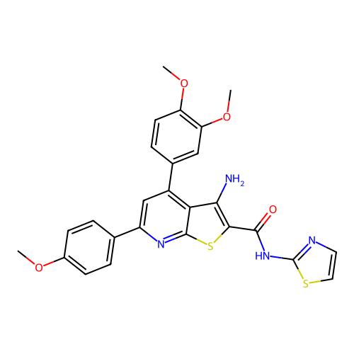 3-amino-4-(3,4-dimethoxyphenyl)-6-(4-methoxyphenyl)-N-(1,3-thiazol-2-yl)thieno[2,3-b]pyridine-2-carboxamide structure