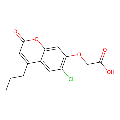 [(6-chloro-2-oxo-4-propyl-2H-chromen-7-yl)oxy]acetic acid structure