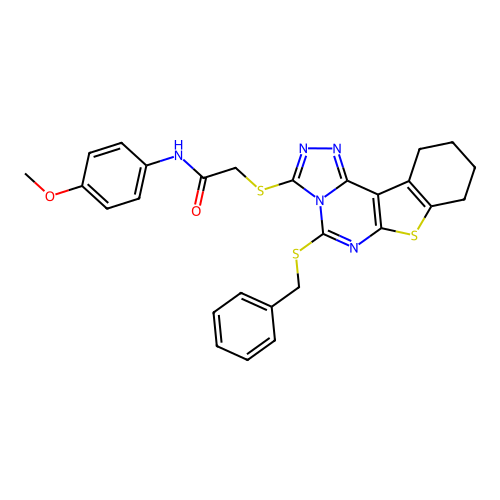 2-((5-(benzylthio)-8,9,10,11-tetrahydrobenzo[4,5]thieno[3,2-e][1,2,4]triazolo[4,3-c]pyrimidin-3-yl)thio)-N-(4-methoxyphenyl)acetamide structure
