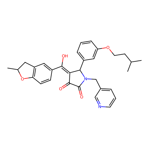 (4E)-4-[hydroxy-(2-methyl-2,3-dihydro-1-benzofuran-5-yl)methylidene]-5-[3-(3-methylbutoxy)phenyl]-1-(pyridin-3-ylmethyl)pyrrolidine-2,3-dione structure