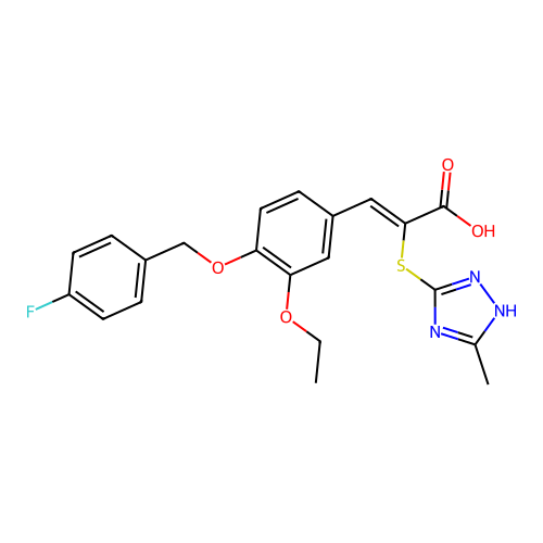 (2Z)-3-{3-ethoxy-4-[(4-fluorobenzyl)oxy]phenyl}-2-[(3-methyl-1H-1,2,4-triazol-4-ium-5-yl)sulfanyl]prop-2-enoate structure