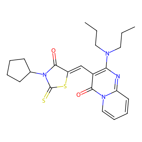 3-[(Z)-(3-cyclopentyl-4-oxo-2-thioxo-1,3-thiazolidin-5-ylidene)methyl]-2-(dipropylamino)-4H-pyrido[1,2-a]pyrimidin-4-one structure