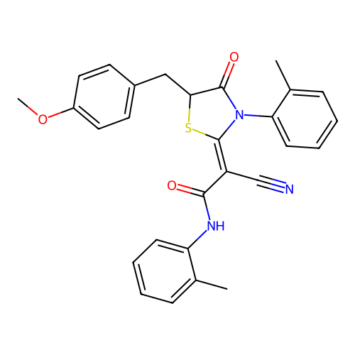 (2Z)-2-cyano-2-[5-(4-methoxybenzyl)-3-(2-methylphenyl)-4-oxo-1,3-thiazolidin-2-ylidene]-N-(2-methylphenyl)ethanamide structure