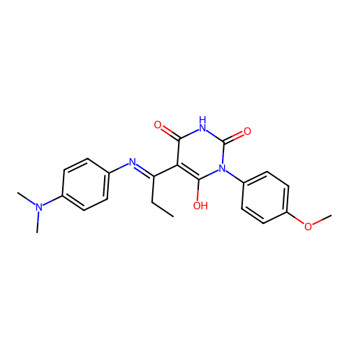 (5E)-5-(1-{[4-(dimethylamino)phenyl]amino}propylidene)-6-hydroxy-3-(4-methoxyphenyl)pyrimidine-2,4(3H,5H)-dione structure