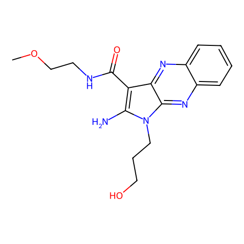 2-amino-1-(3-hydroxypropyl)-N-(2-methoxyethyl)-1H-pyrrolo[2,3-b]quinoxaline-3-carboxamide structure