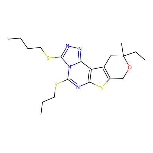 3-(butylsulfanyl)-10-ethyl-10-methyl-5-(propylsulfanyl)-10,11-dihydro-8H-pyrano[4',3':4,5]thieno[3,2-e][1,2,4]triazolo[4,3-c]pyrimidine structure