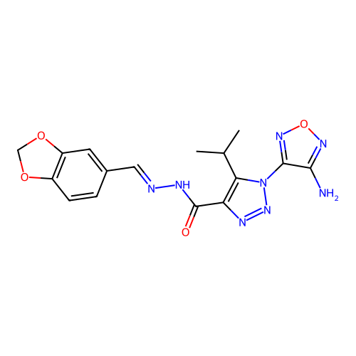(E)-1-(4-amino-1,2,5-oxadiazol-3-yl)-N'-(benzo[d][1,3]dioxol-5-ylmethylene)-5-isopropyl-1H-1,2,3-triazole-4-carbohydrazide structure