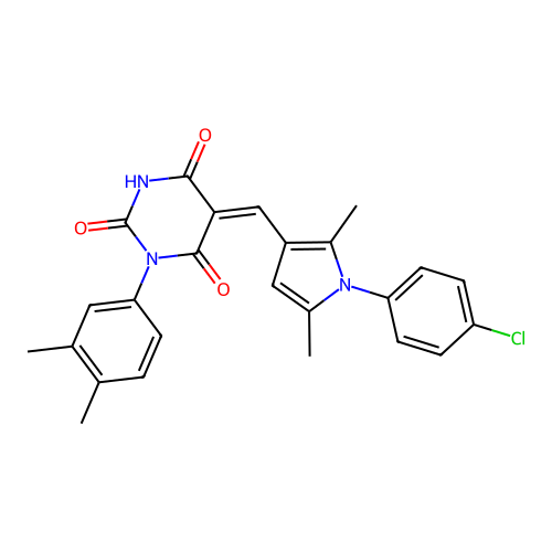 (5Z)-5-[[1-(4-chlorophenyl)-2,5-dimethylpyrrol-3-yl]methylidene]-1-(3,4-dimethylphenyl)-1,3-diazinane-2,4,6-trione structure
