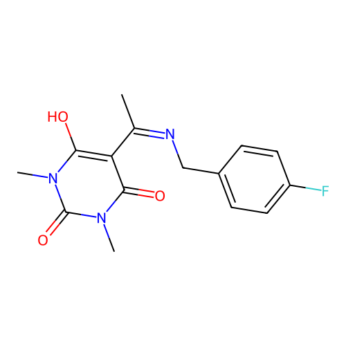 5-(1-((4-fluorobenzyl)amino)ethylidene)-1,3-dimethylpyrimidine-2,4,6(1H,3H,5H)-trione structure