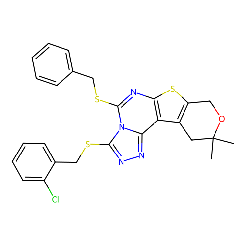 5-(benzylsulfanyl)-3-[(2-chlorobenzyl)sulfanyl]-10,10-dimethyl-10,11-dihydro-8H-pyrano[4',3':4,5]thieno[3,2-e][1,2,4]triazolo[4,3-c]pyrimidine structure