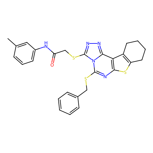 2-((5-(benzylthio)-8,9,10,11-tetrahydrobenzo[4,5]thieno[3,2-e][1,2,4]triazolo[4,3-c]pyrimidin-3-yl)thio)-N-(m-tolyl)acetamide structure