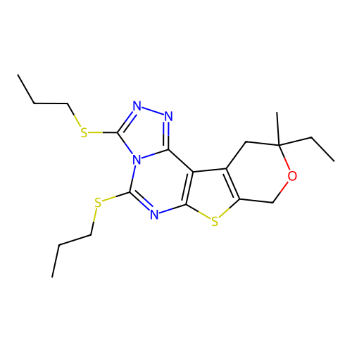 10-ethyl-10-methyl-3,5-bis(propylsulfanyl)-10,11-dihydro-8H-pyrano[4',3':4,5]thieno[3,2-e][1,2,4]triazolo[4,3-c]pyrimidine structure