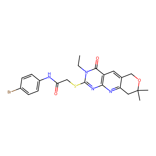 N-(4-bromophenyl)-2-((3-ethyl-8,8-dimethyl-4-oxo-4,6,8,9-tetrahydro-3H-pyrano[3',4':5,6]pyrido[2,3-d]pyrimidin-2-yl)thio)acetamide structure