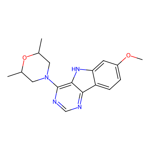 4-(7-methoxy-5H-pyrimido[5,4-b]indol-4-yl)-2,6-dimethylmorpholine structure