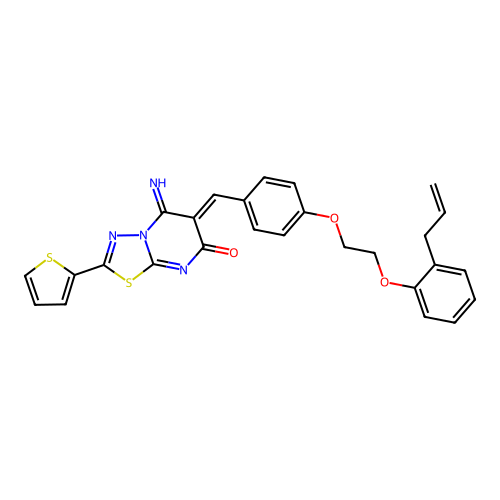 (6Z)-5-imino-6-(4-{2-[2-(prop-2-en-1-yl)phenoxy]ethoxy}benzylidene)-2-(thiophen-2-yl)-5,6-dihydro-7H-[1,3,4]thiadiazolo[3,2-a]pyrimidin-7-one structure