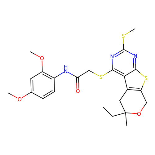 N-(2,4-dimethoxyphenyl)-2-((6-ethyl-6-methyl-2-(methylthio)-6,8-dihydro-5H-pyrano[4',3':4,5]thieno[2,3-d]pyrimidin-4-yl)thio)acetamide structure