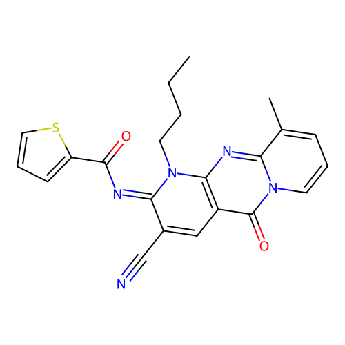 (Z)-N-(1-butyl-3-cyano-10-methyl-5-oxo-1H-dipyrido[1,2-a:2',3'-d]pyrimidin-2(5H)-ylidene)thiophene-2-carboxamide structure