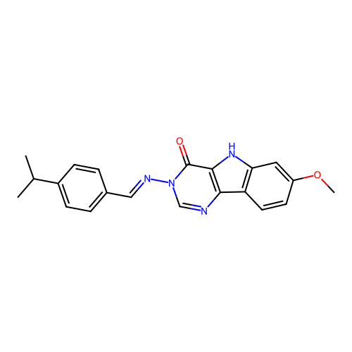 (E)-3-((4-isopropylbenzylidene)amino)-7-methoxy-3H-pyrimido[5,4-b]indol-4(5H)-one structure