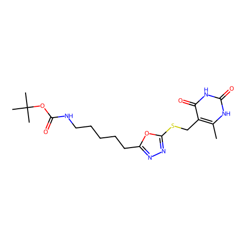 tert-butyl (5-(5-(((6-methyl-2,4-dioxo-1,2,3,4-tetrahydropyrimidin-5-yl)methyl)thio)-1,3,4-oxadiazol-2-yl)pentyl)carbamate structure